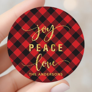 Buffalo Plaid Joy Peace Love Monogram Classic Round Sticker