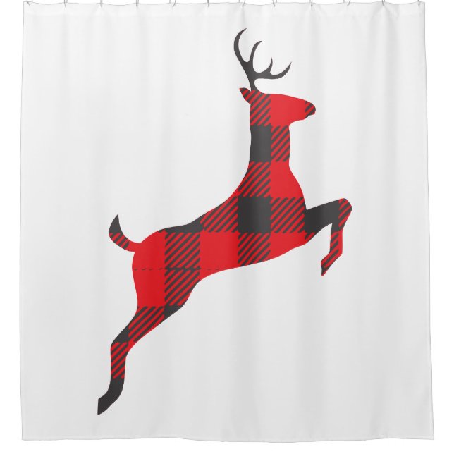 Buffalo Plaid Jumping Deer Christmas Shower Curtain (Front)