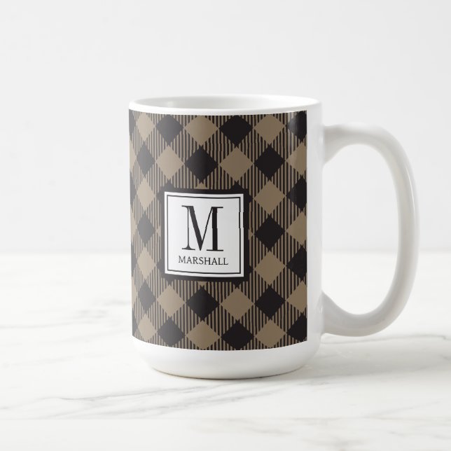 Buffalo Plaid Khaki Monogram Name Coffee Mug (Right)