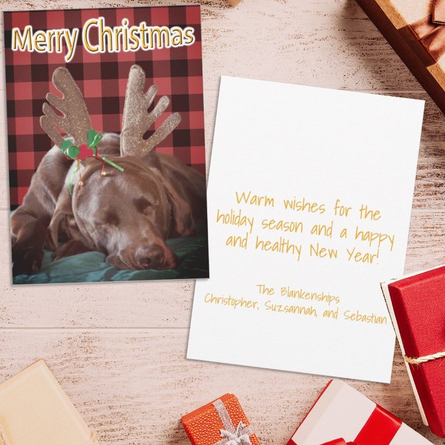 Buffalo Plaid Labrador Wearing Antlers Photograph Holiday Card (Creator Uploaded)
