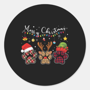 Buffalo Plaid Leopard Dog Paws Merry Christmas Lig Classic Round Sticker
