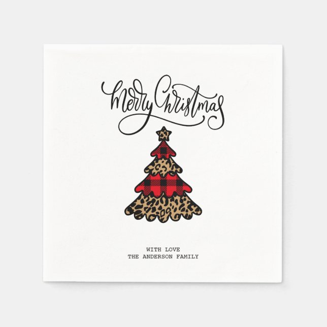 Buffalo Plaid & Leopard Pattern Christmas Tree Napkin (Front)