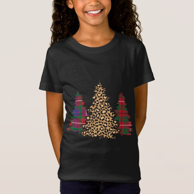 Buffalo Plaid Leopard Pattern Christmas Tree X-Mas T-Shirt (Front)