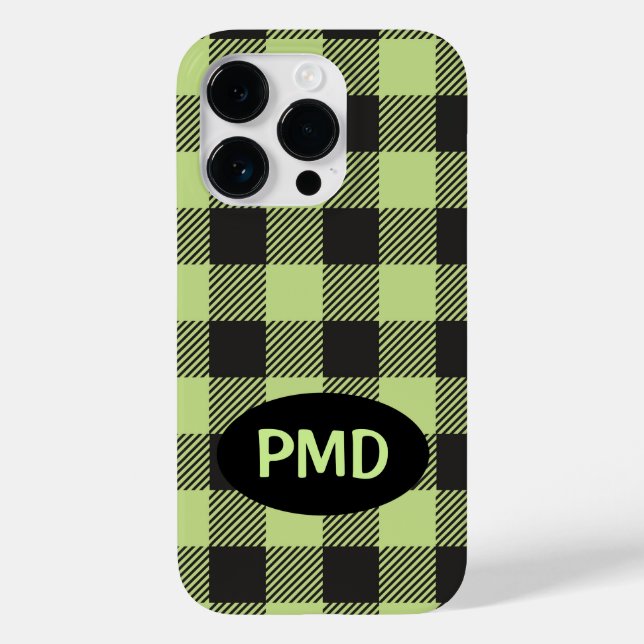 Buffalo Plaid Lime Green Black Monogram Initial Case-Mate iPhone Case (Back)