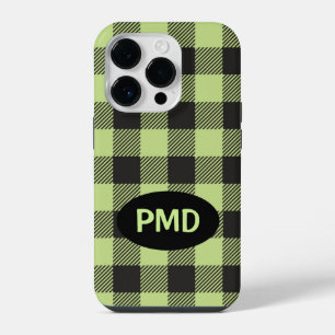 Buffalo Plaid Lime Green Black Monogram Initial iPhone 14 Pro Case