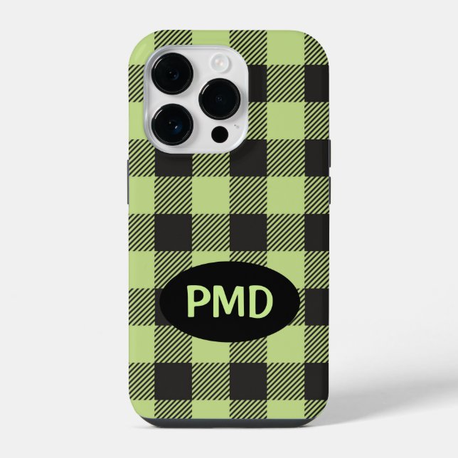 Buffalo Plaid Lime Green Black Monogram Initial iPhone Case (Back)