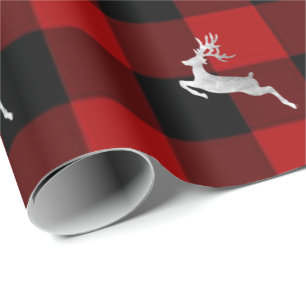 Buffalo Plaid Lomberjack Christmas Deer Silver Wrapping Paper