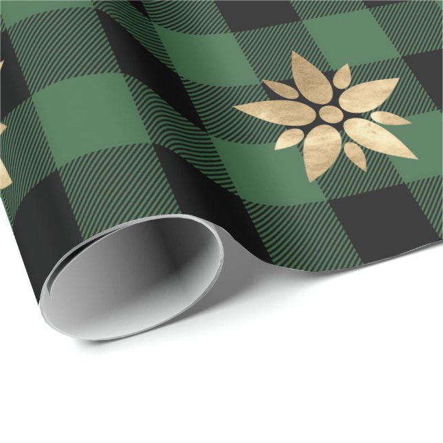 Buffalo Plaid Lomberjack Christmas Stars Green Wrapping Paper (Roll Corner)
