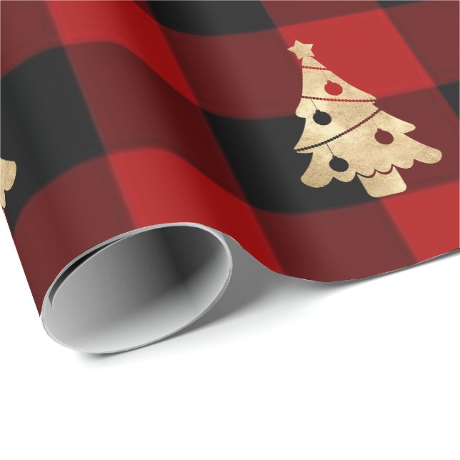 Buffalo Plaid Lomberjack Christmas Tree Gold Wrapping Paper (Roll Corner)