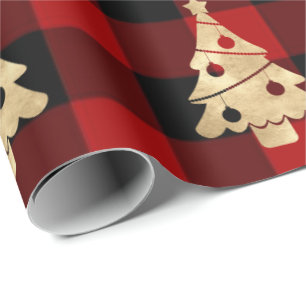 Buffalo Plaid Lomberjack Christmas Tree Gold Wrapping Paper