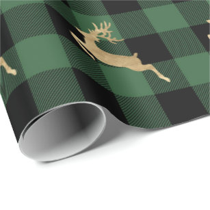 Buffalo Plaid Lomberjack Gold Reindeer Green Wood Wrapping Paper