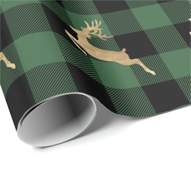 Buffalo Plaid Lomberjack Gold Reindeer Green Wood Wrapping Paper (Roll Corner)