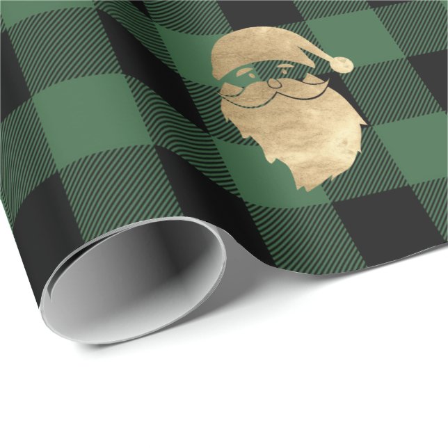 Buffalo Plaid Lomberjack Gold Santa Winter Green Wrapping Paper (Roll Corner)