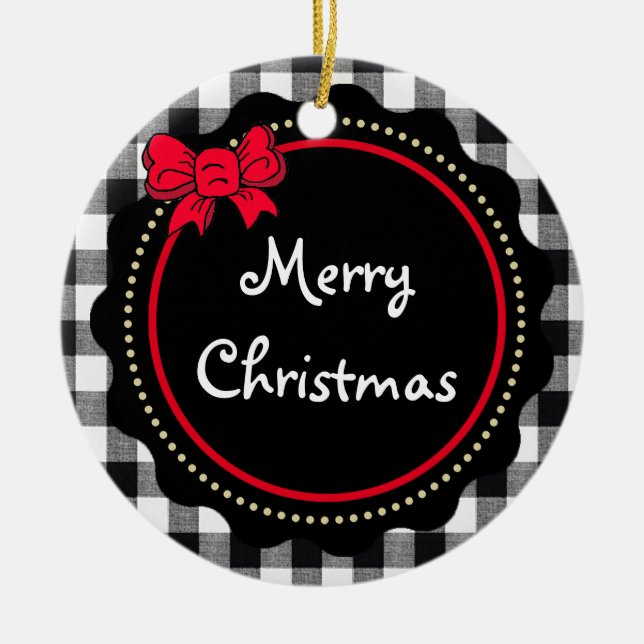 Buffalo Plaid Merry Christmas Black and White Ceramic Tree Decoration (Front)