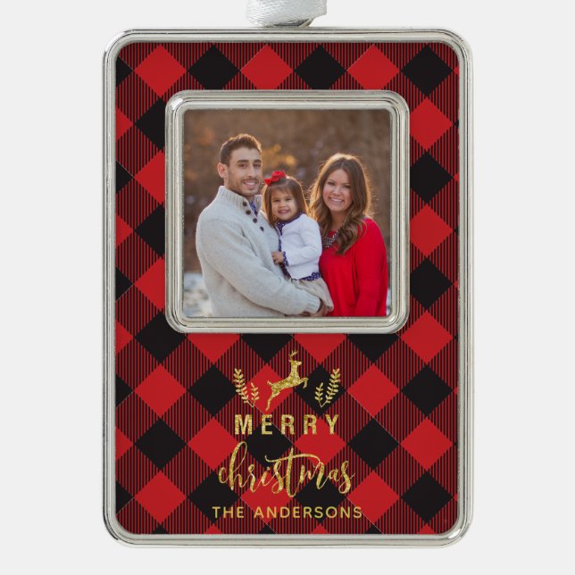 Buffalo Plaid Merry Christmas Monogram Silver Plated Framed Ornament (Front)