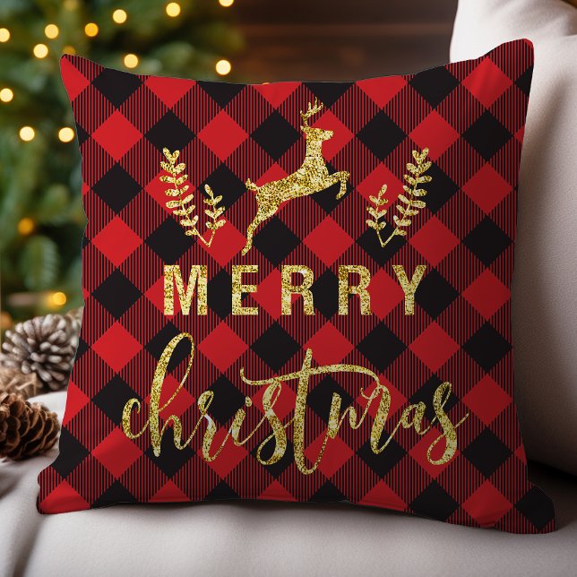 Buffalo Plaid Merry Christmas Reindeer Glitter  Cushion (Creator Uploaded)