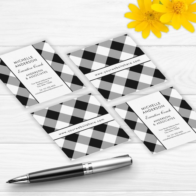 Buffalo Plaid Modern Corporate Black and White Square Business Card (Creator Uploaded)