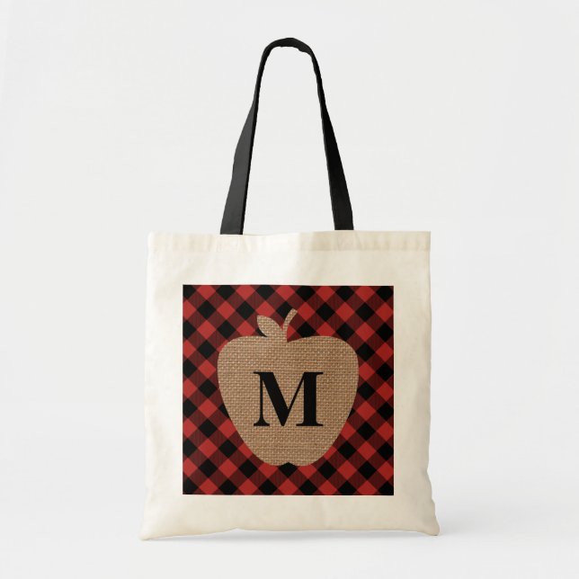 Buffalo Plaid Monogram Apple Teacher Bag (Front)