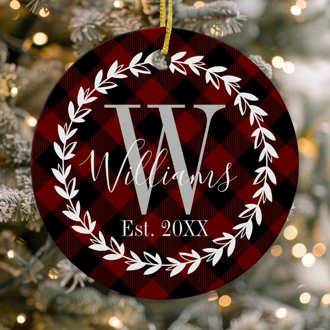 Buffalo Plaid Monogram Name Family Christmas Ceramic Tree Decoration (Creator Uploaded)