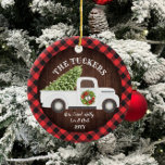 Buffalo Plaid Monogram Photo Vintage White Truck Ceramic Tree Decoration<br><div class="desc">This personalised keepsake design features our vintage which truck carrying a Christmas tree with space for text and a photo, all on a warm buffalo plaid background. The collection of coordinating products is available in our shop, zazzle.com/store/doodlelulu. Contact us if you need this design applied to a specific product to...</div>