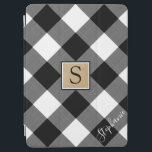 Buffalo Plaid Monogram Script Name Black White iPad Air Cover<br><div class="desc">Rustic black and white buffalo check iPad cover with monogram on centre brown square with white and black borders. Personalise further with a name or other custom text in the lower right corner in an editable modern handwritten script font (or delete the sample text to leave the area blank). CHANGES:...</div>