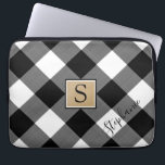 Buffalo Plaid Monogram Script Name Black White Laptop Sleeve<br><div class="desc">Rustic black and white buffalo check laptop sleeve with monogram on centre brown square with white and black borders. Personalise further with a name or other custom text in the lower right corner in an editable modern handwritten script font (or delete the sample text to leave the area blank). CHANGES:...</div>