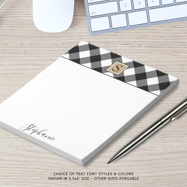 Buffalo Plaid Monogram Script Name Black White Notepad (Creator Uploaded)