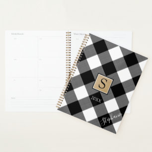 Buffalo Plaid Monogram Script Name Black White Planner