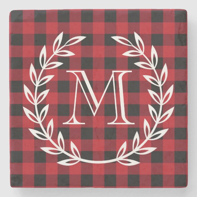 Buffalo Plaid Monogram Stone Coaster (Front)