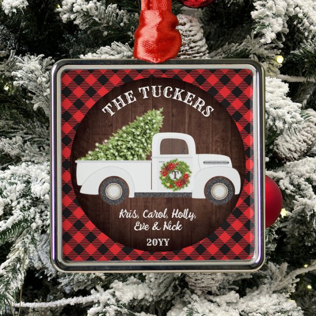 Buffalo Plaid Monogram White Christmas Truck Metal Tree Decoration (Creator Uploaded)