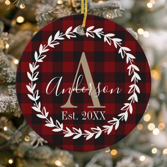 Buffalo Plaid Monogram Wreath Family Christmas Ceramic Tree Decoration (Creator Uploaded)