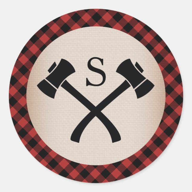 Buffalo Plaid Monogrammed Axe Wedding Classic Round Sticker (Front)