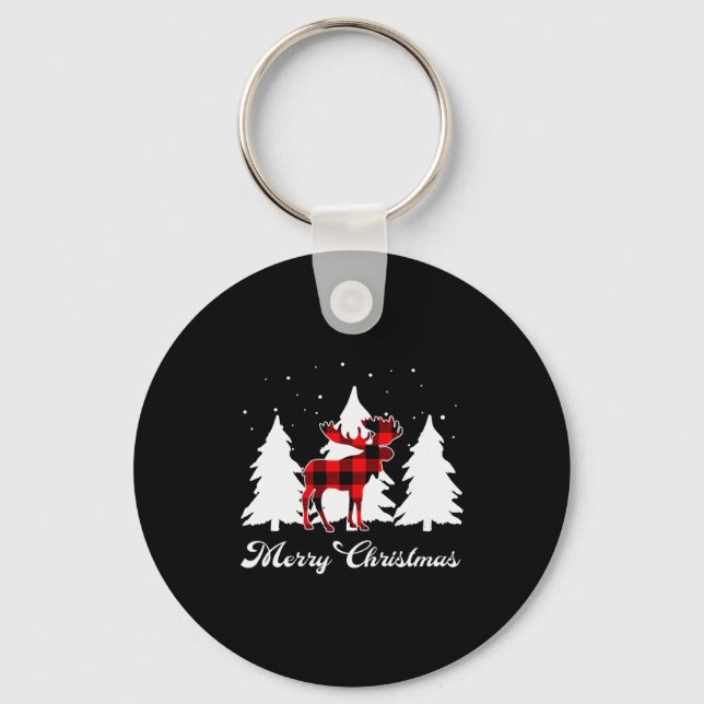 Buffalo Plaid Moose Family Christmas Pajama Outfit Key Ring (Front)
