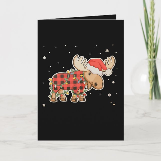 Buffalo Plaid Moose Santa Hat Christmas Tree Light Card (Front)