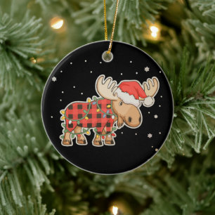 Buffalo Plaid Moose Santa Hat Christmas Tree Light Ceramic Tree Decoration