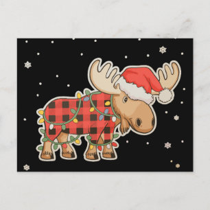 Buffalo Plaid Moose Santa Hat Christmas Tree Light Holiday Postcard