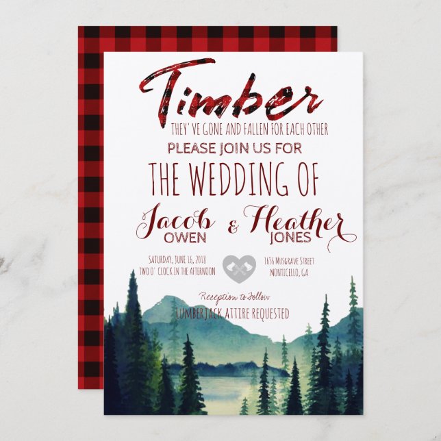 Buffalo Plaid Mountain Wedding Invitation (Front/Back)