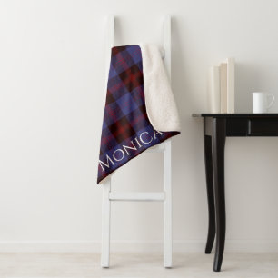 Buffalo plaid navy blue red monogram name sherpa blanket
