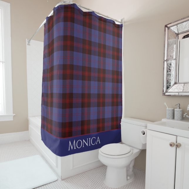 Buffalo plaid navy blue red monogram name shower curtain (In Situ)