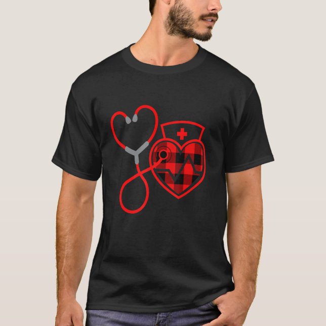 Buffalo Plaid Nurse Heartbeat Nurse Life Valentine T-Shirt (Front)