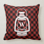 Buffalo Plaid Oil Lantern Monogram Cushion<br><div class="desc">A pillow featuring a red and black heritage (buffalo) plaid pattern on front and back.  Front features a white illustration of an oil camping lantern.  Personalise the initial on lantern.</div>