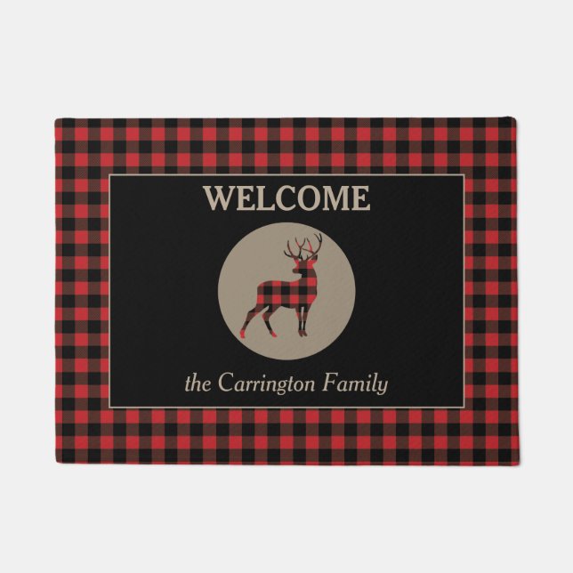 Buffalo Plaid Pattern Buck Deer Welcome Doormat (Front)