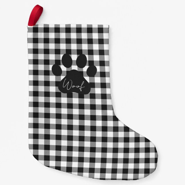 Buffalo Plaid Paw Print Black White WOOF Classic Small Christmas Stocking (Front)