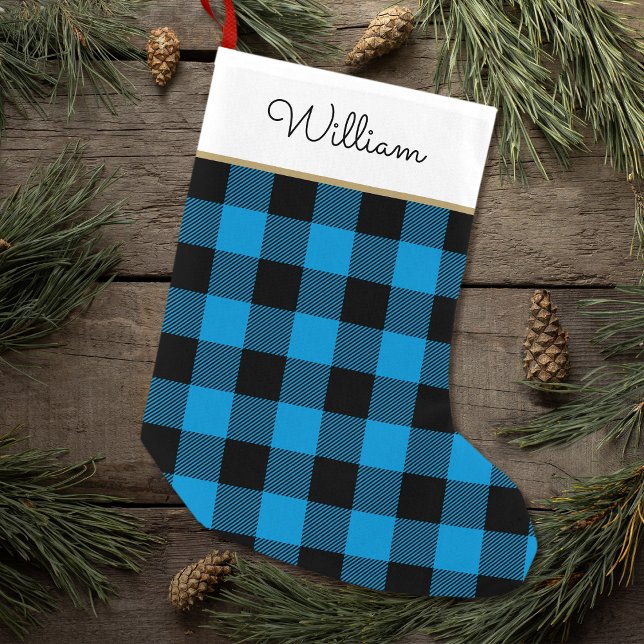 Buffalo Plaid Personalised Name Blue Black Small Christmas Stocking (Creator Uploaded)