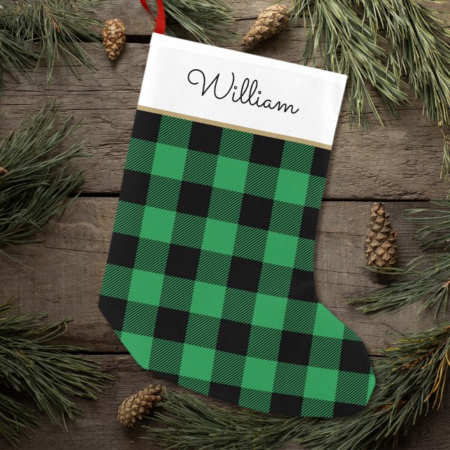 Buffalo Plaid Personalised Name Green Black Small Christmas Stocking (Creator Uploaded)