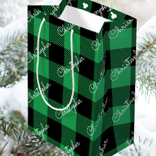 Buffalo Plaid Personalised Name Script Green Medium Gift Bag