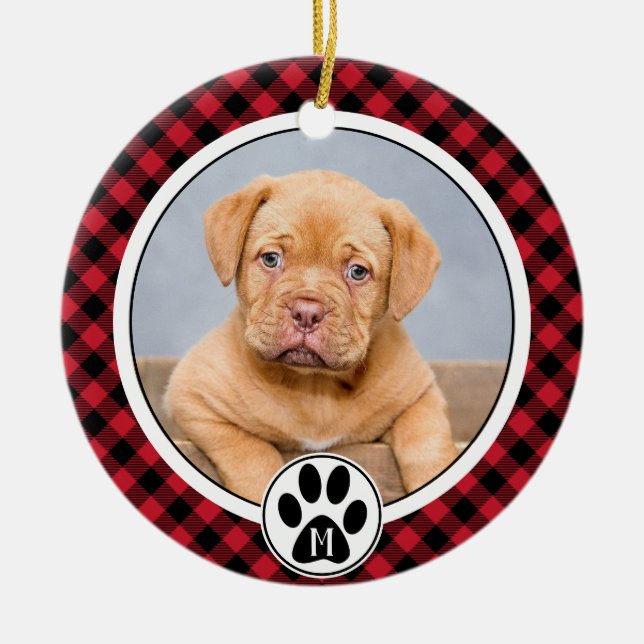 Buffalo Plaid Photo Monogram Pet Christmas  Ceramic Tree Decoration (Front)