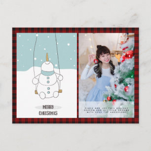 Buffalo Plaid Photo Xmas New Year Folk Art Snowman Postcard
