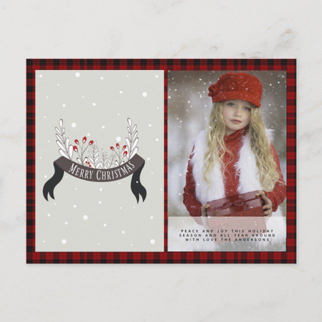 Buffalo Plaid Photo Xmas NewYear Folkart Holly Postcard (Front)