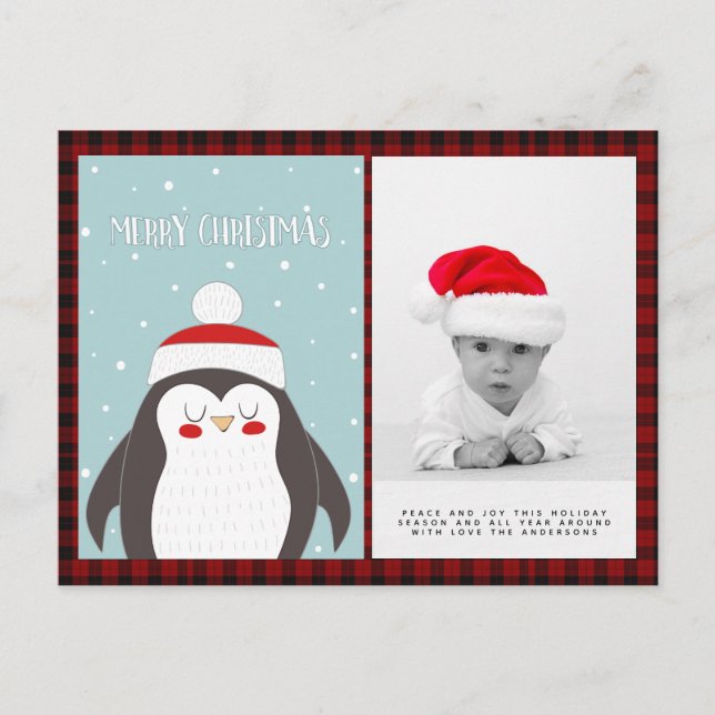 Buffalo Plaid Photo Xmas NewYear Folkart Penguin Postcard (Front)